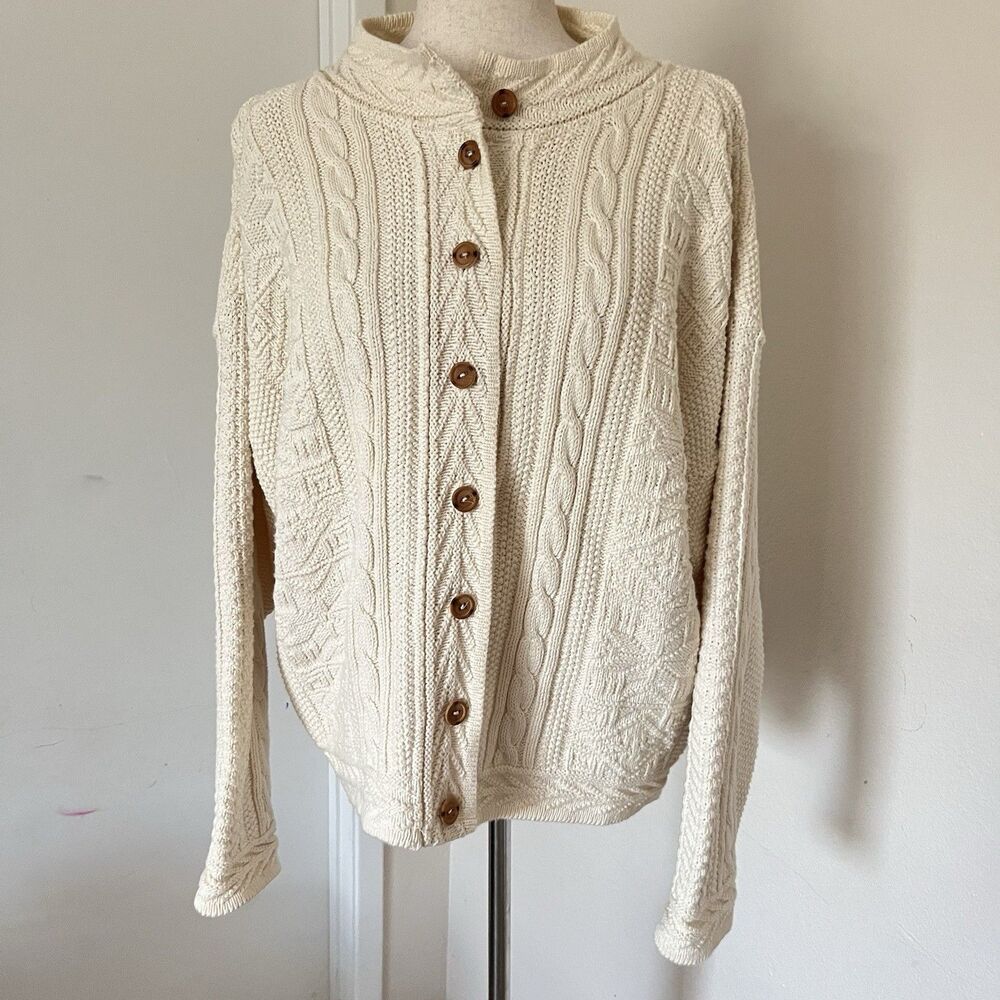 VTG LL Bean Cardigan Sweater Sz XL Ivory 100% Cotton Cable Knit Button